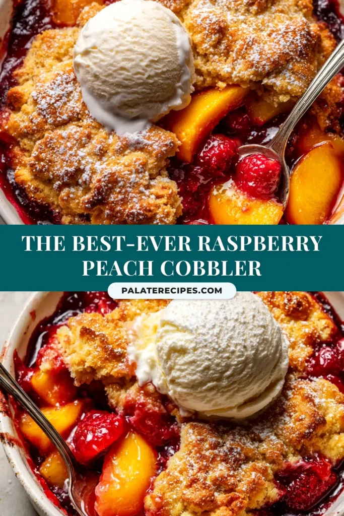 Peach Raspberry Cobbler (The Only Recipe You'll Ever Need) 5 A serving of homemade peach raspberry cobbler in a white bowl, topped with a scoop of melting vanilla ice cream, showcasing the bubbly fruit filling.