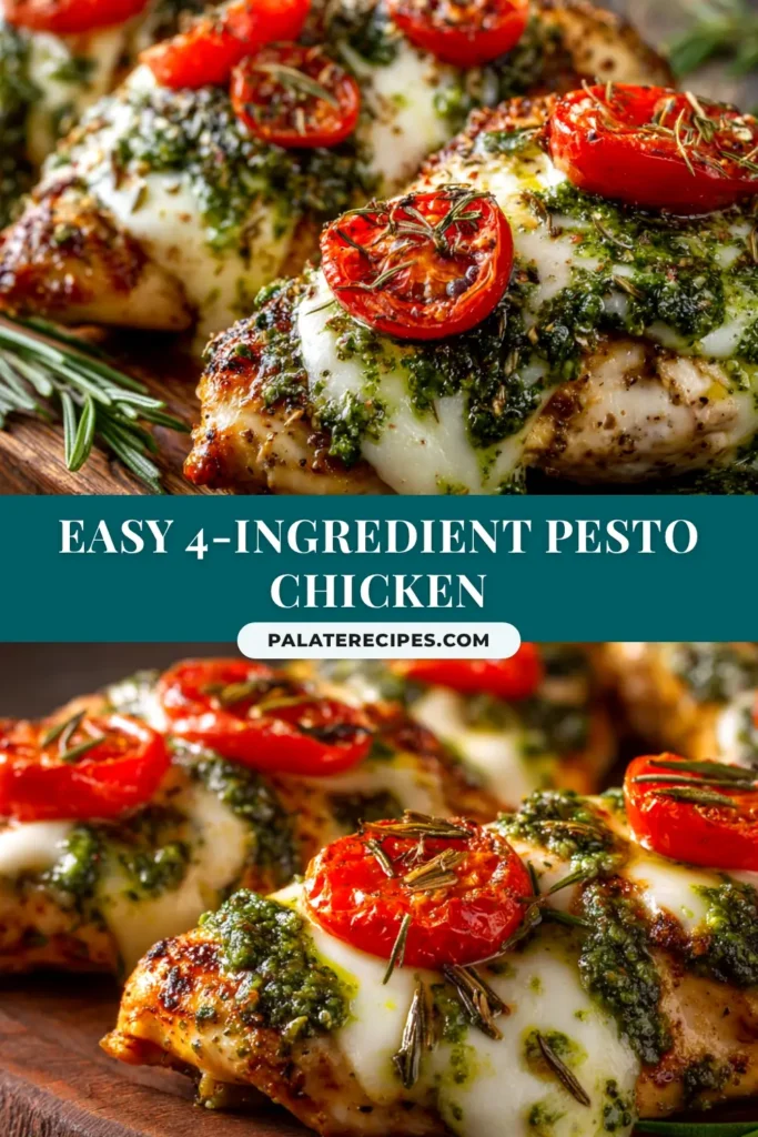 A beautiful overhead shot of baked pesto chicken topped with cherry tomatoes and melted mozzarella in a skillet, ready to be served. The perfect easy pesto chicken recipe for a weeknight dinner.