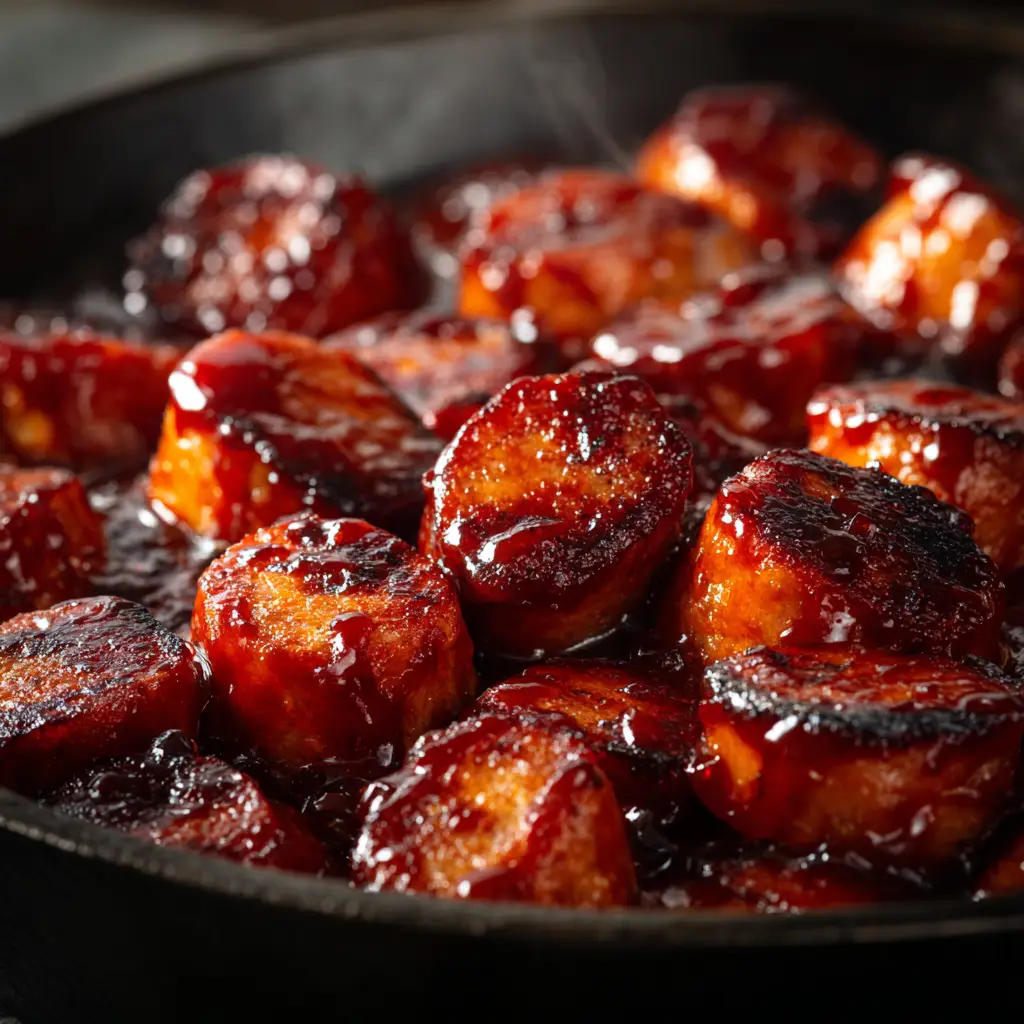 Smoked sausage appetizer bites coated in a sweet and tangy barbecue sauce, ready to be served.