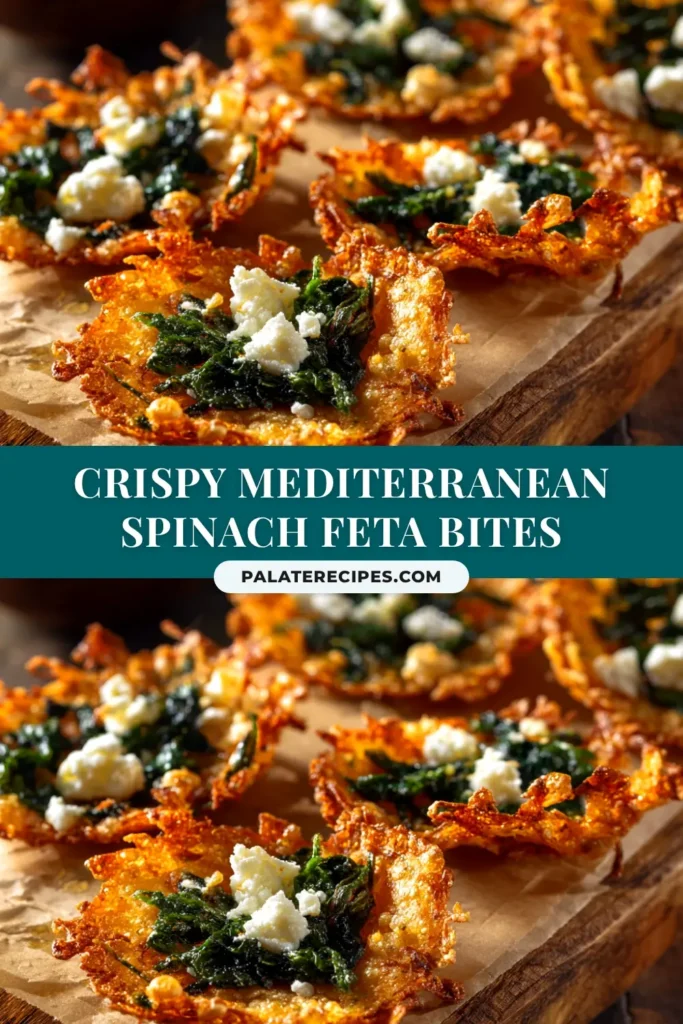 A close-up shot of golden-brown, crispy spinach feta crisps arranged on a white plate. These easy party appetizers are made with flaky phyllo dough and a savory spinach and feta filling.
