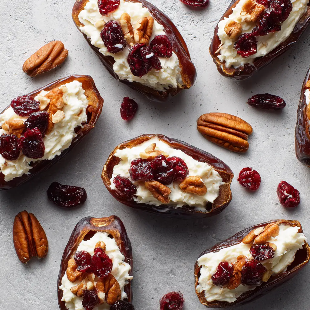 A platter of finished cranberry pecan stuffed dates ready to be served as an easy party food.