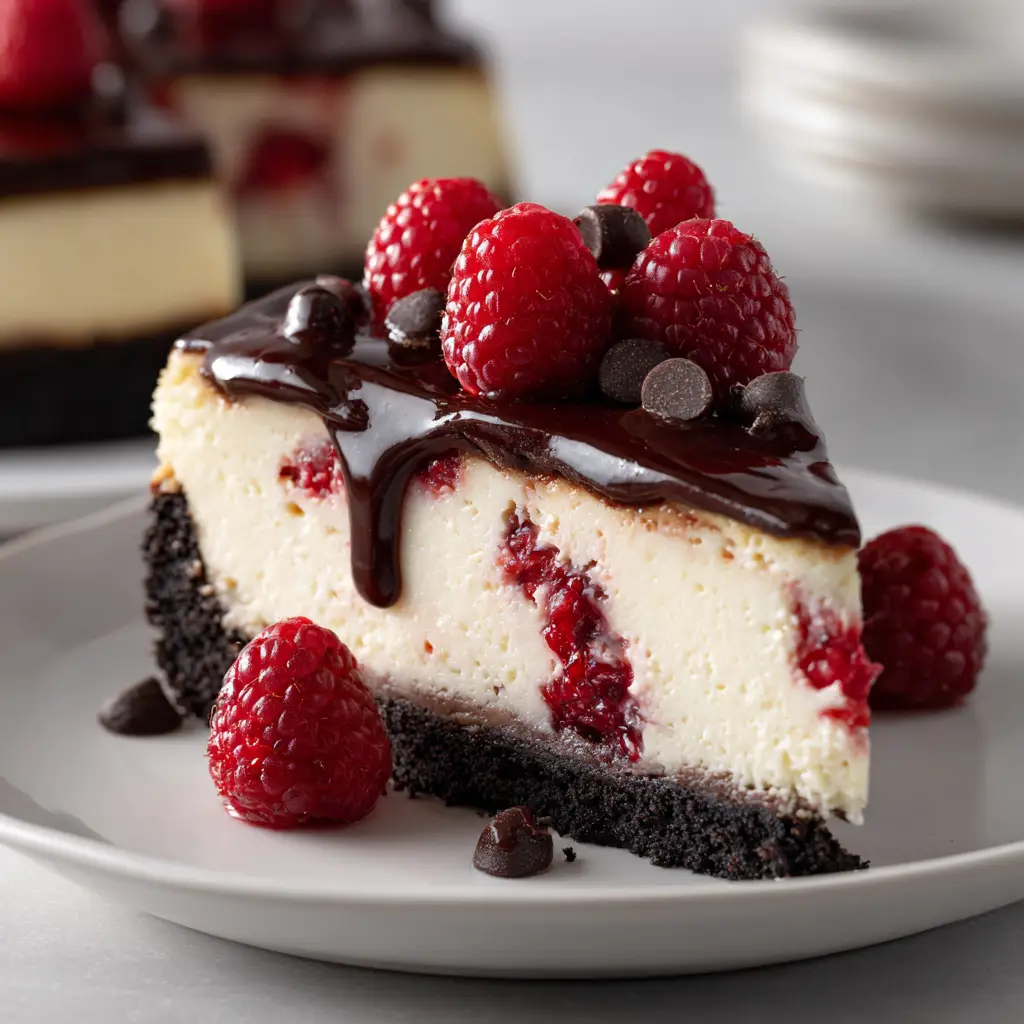 Dark Chocolate Raspberry Cheesecake: A Decadent & Easy Recipe 2 A fork cutting into a slice of creamy dark chocolate raspberry cheesecake, with a bite ready to be eaten.
