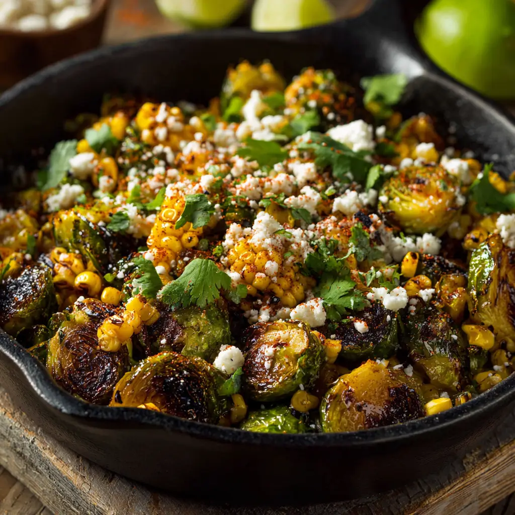 Mexican Street Corn Brussels Sprouts: The Ultimate Elote-Style Side Dish 3 An extreme close-up shot of elote-style brussels sprouts, showing the creamy sauce and charred edges of the sprouts.