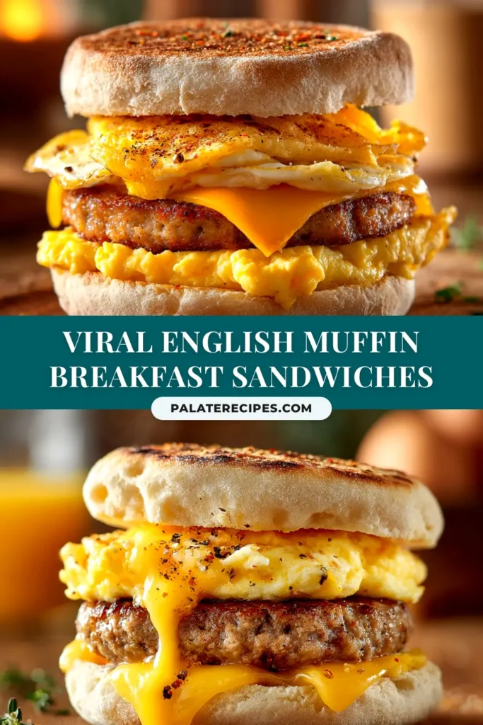 English Muffin Breakfast Sandwich: Your New Morning Favorite 4 A perfectly assembled English Muffin Breakfast Sandwich with a sausage patty, fluffy egg, and melted cheese, ready to be eaten. The background is bright and clean.