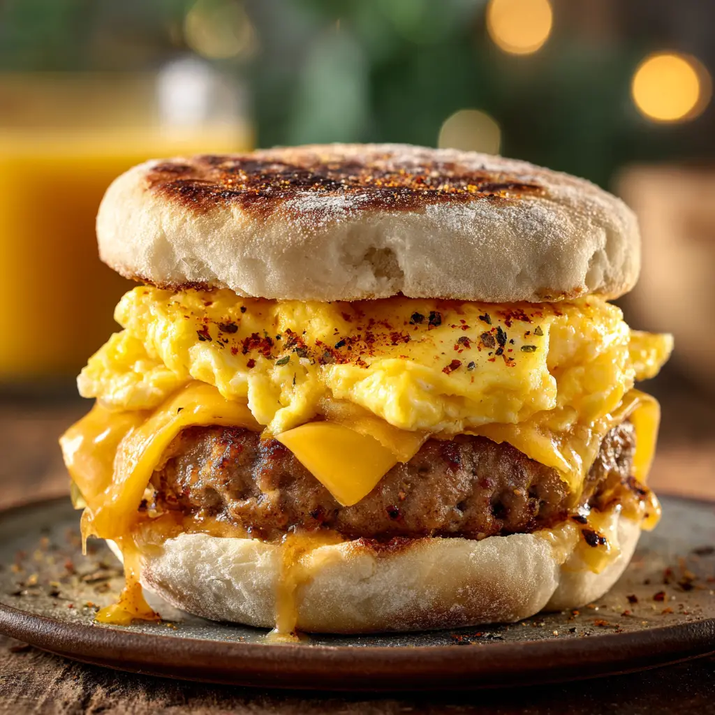 English Muffin Breakfast Sandwich: Your New Morning Favorite 2 A perfectly cooked round egg patty and a golden-brown sausage patty ready to be assembled into an English Muffin Breakfast Sandwich.