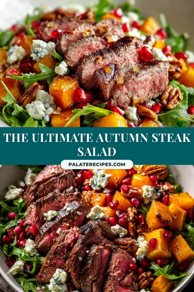 An overhead shot of a vibrant Fall Steak Salad in a white bowl, featuring sliced steak, apples, and pecans with a text overlay for Pinterest.
