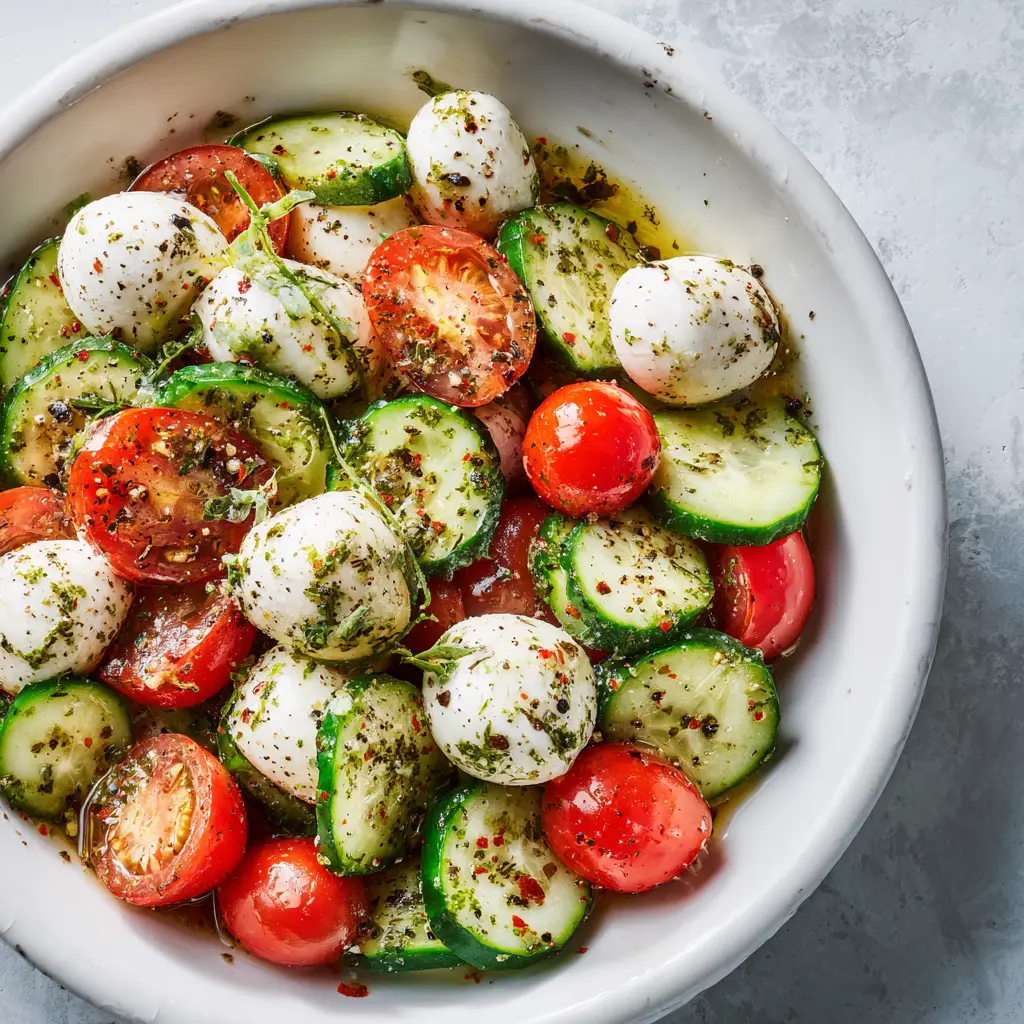 A beautiful serving of the finished cucumber caprese salad in a ceramic bowl, highlighting its fresh and colorful appearance.
