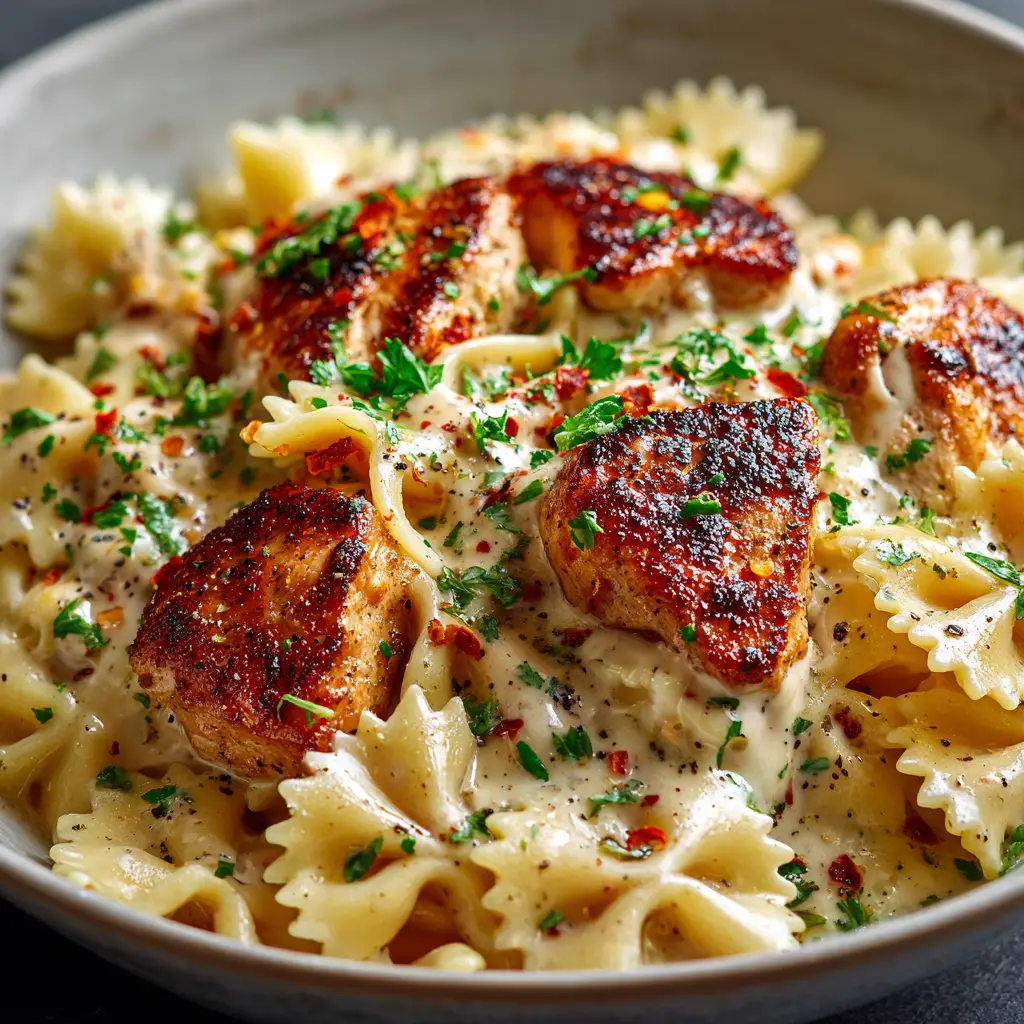 A finished plate of garlic butter chicken pasta, beautifully garnished with chopped fresh parsley and extra grated Parmesan cheese.