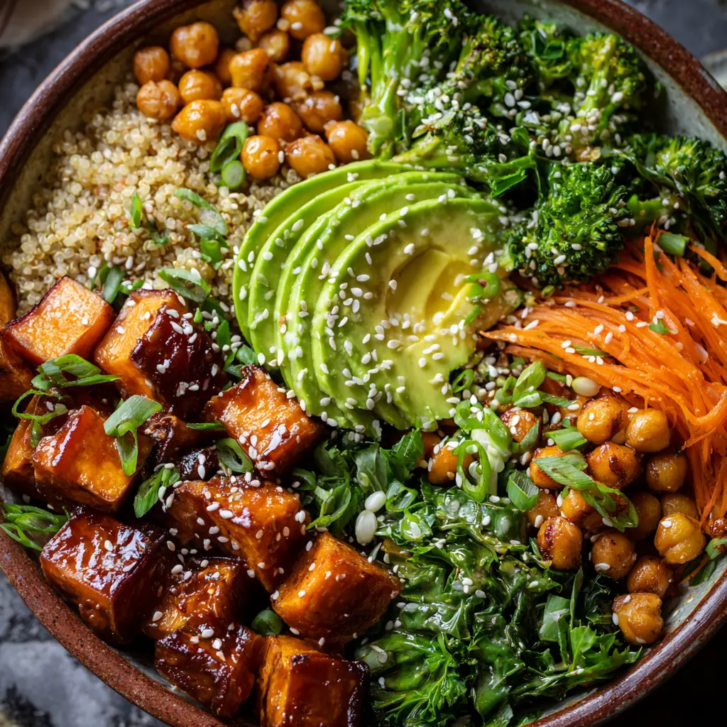 A finished Miso Glazed Sweet Potato Bowl, beautifully assembled with all components and garnished with sesame seeds and green onions.