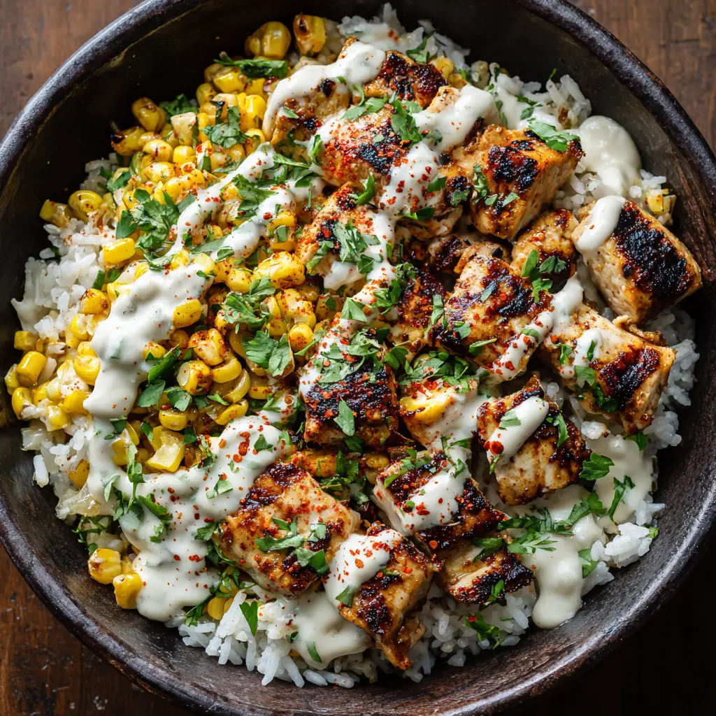 Street Corn Chicken Rice Bowl: A Flavor-Packed Weeknight Meal 2 A complete Street Corn Chicken Rice Bowl, beautifully assembled with all components visible: seasoned chicken, corn salsa, and cilantro lime rice.