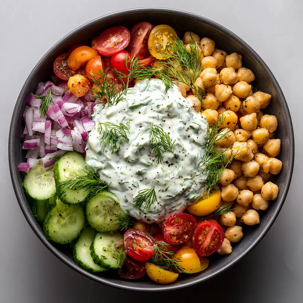 Tzatziki Chickpea Salad (The Ultimate Refreshing Recipe) 2 A beautiful final presentation of the mixed Tzatziki Chickpea Salad in a serving bowl, garnished with fresh dill.