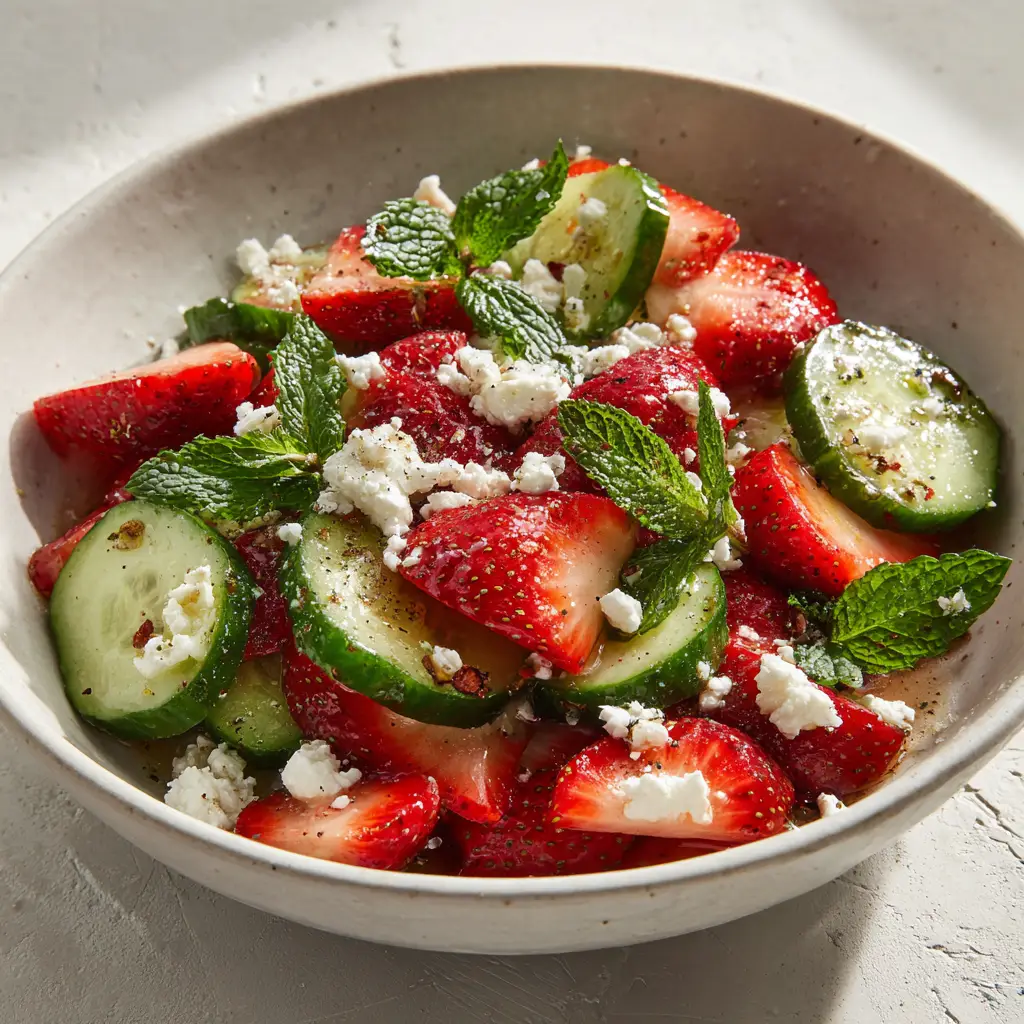 Strawberry Cucumber Salad (The Only Recipe You Need) 3 A close-up view of the fresh strawberry and cucumber feta salad, showing the crisp texture of the cucumber and the juicy strawberries.