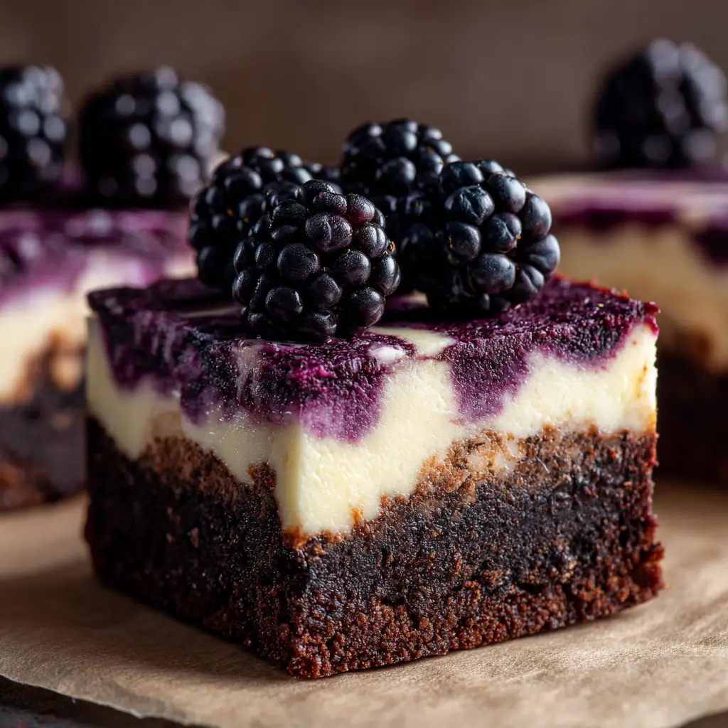Blackberry Cheesecake Brownies: The Ultimate Fudgy & Creamy Treat 3 A close-up shot of a single blackberry cheesecake brownie on a white plate, highlighting the fudgy brownie layer and creamy cheesecake topping.