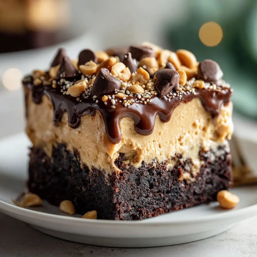 Chocolate Peanut Butter Poke Cake (The Ultimate Recipe) 2 The full chocolate peanut butter poke cake in a baking dish, garnished with chopped peanut butter cups and a chocolate drizzle.