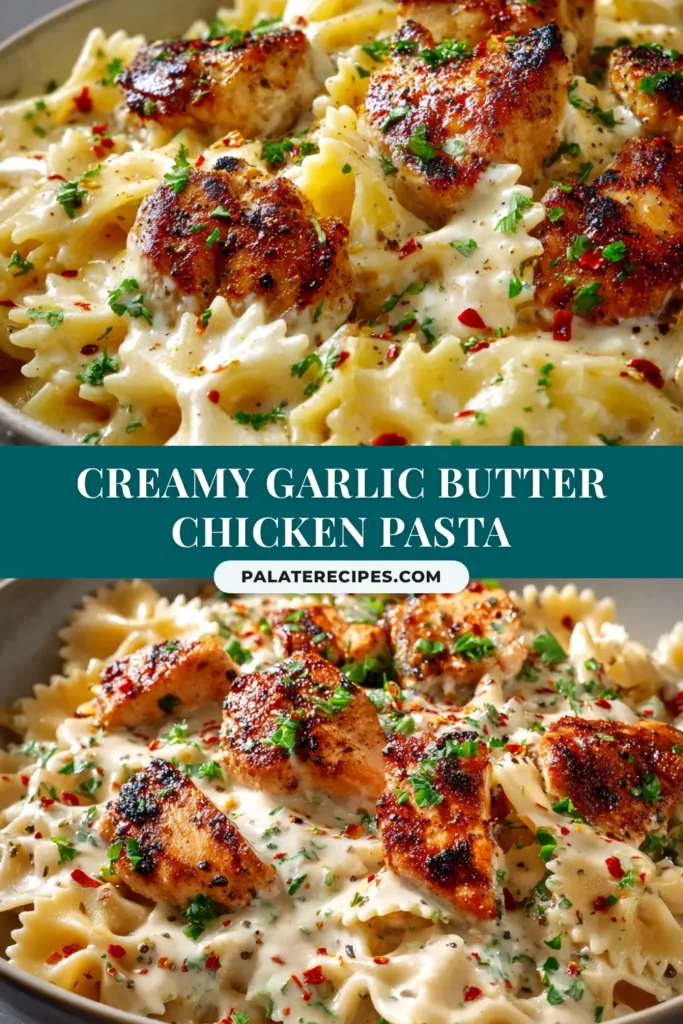A top-down view of a white bowl filled with creamy garlic butter chicken pasta, garnished with fresh parsley. The perfect pin to save for an easy weeknight dinner idea.