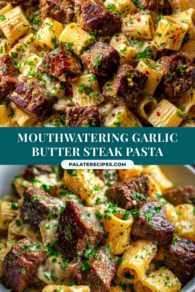 Garlic Butter Steak and Cheesy Rigatoni: The Ultimate Comfort Meal 5 A close-up shot of a white bowl filled with Garlic Butter Steak and Cheesy Rigatoni, garnished with fresh parsley.