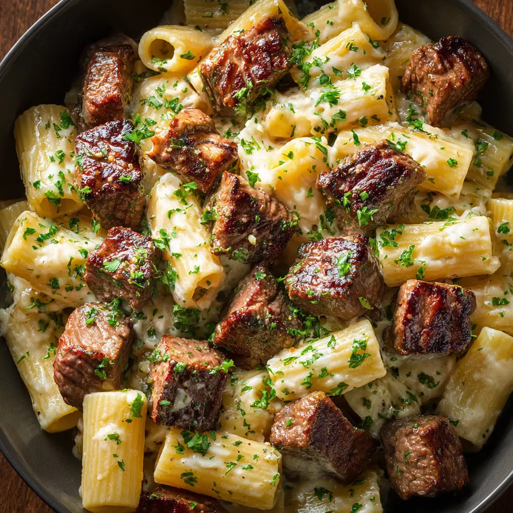 Garlic Butter Steak and Cheesy Rigatoni: The Ultimate Comfort Meal 3 A skillet showing the creamy garlic butter sauce being mixed with rigatoni pasta and seared steak bites.