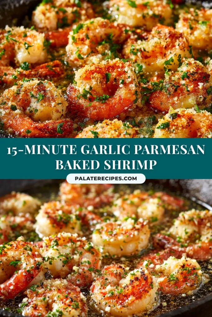 A top-down view of Garlic Parmesan Baked Shrimp in a white baking dish, garnished with fresh parsley. This easy recipe is perfect for a quick weeknight dinner.