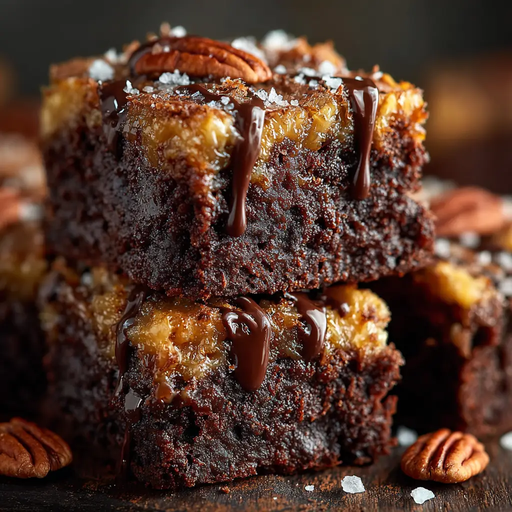 A single German Chocolate Brownie on a small dessert plate, showing the perfect layers of fudgy brownie and gooey coconut pecan topping.