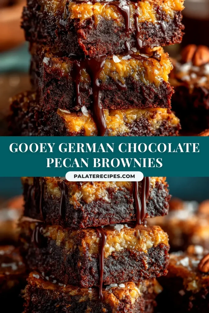 A close-up shot of decadent German Chocolate Brownies stacked on a plate, showcasing the thick, gooey coconut pecan frosting and rich, fudgy brownie base.