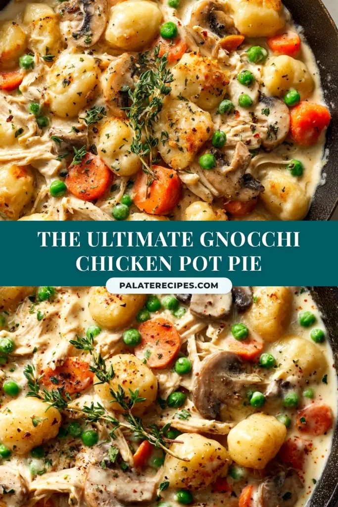 An overhead shot of a skillet of Gnocchi Chicken Pot Pie, showing golden-brown gnocchi nestled in a creamy sauce with chicken and vegetables. A wooden spoon rests in the dish.