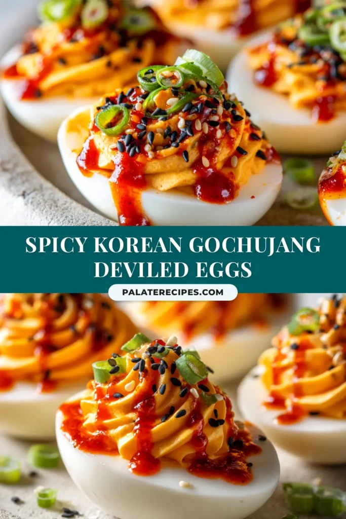 Gochujang Deviled Eggs: A Spicy Twist on a Classic Appetizer 5 An overhead shot of Gochujang Deviled Eggs on a serving platter, garnished with green onions and sesame seeds.