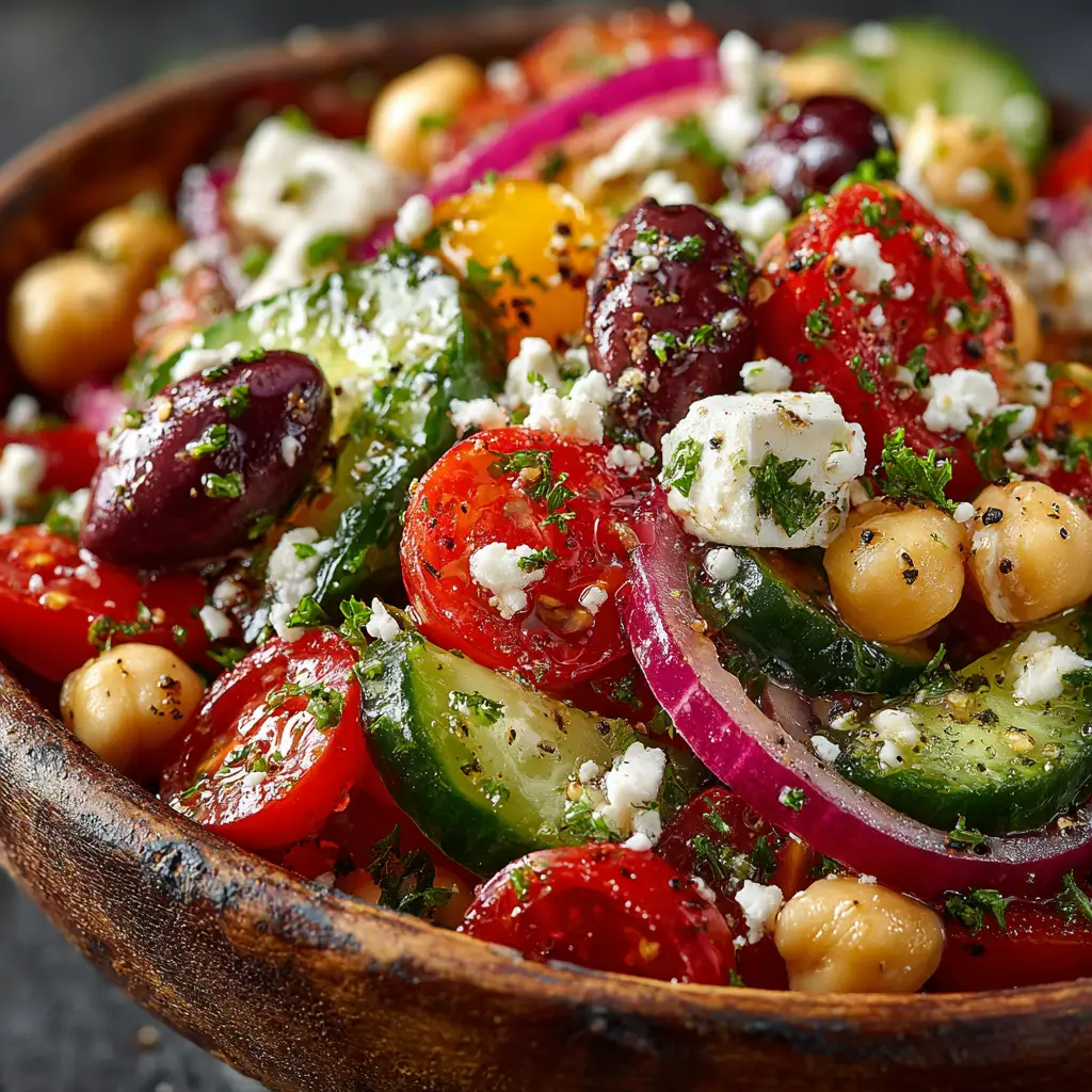 Greek Chickpea Salad (The Only Recipe You'll Need) 2 A large serving bowl filled with the finished Greek chickpea feta salad, tossed in a lemon vinaigrette and ready to be served.