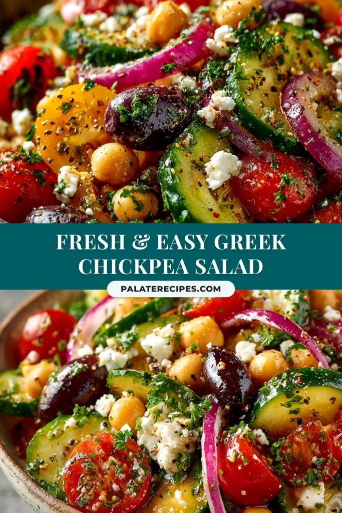 Greek Chickpea Salad (The Only Recipe You'll Need) 5 A vibrant Greek Chickpea Salad in a white bowl, ready to be pinned. The salad features chickpeas, tomatoes, cucumbers, and feta cheese, highlighting an easy and healthy recipe.