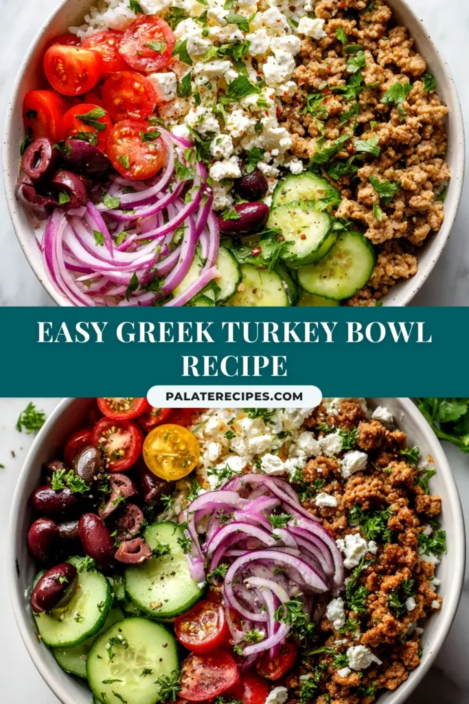 A vibrant and healthy Greek Ground Turkey Rice Bowl in a white bowl, topped with fresh tzatziki, feta, tomatoes, and olives. A perfect easy weeknight dinner idea.