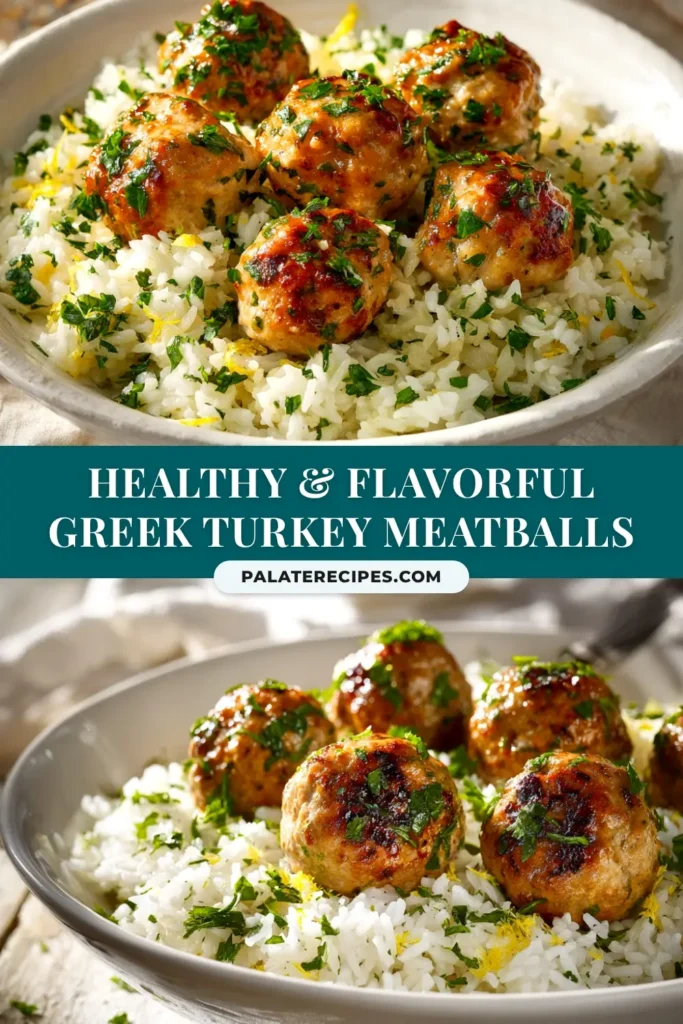 Greek Turkey Meatballs (Juicy & Flavorful!) 5 A shareable pin image showing juicy Greek turkey meatballs garnished with fresh dill and feta, with text overlay for Pinterest.