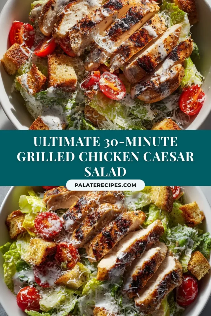 Grilled Chicken Caesar Salad (Restaurant-Style at Home) 4 A large white bowl filled with a delicious grilled chicken caesar salad, topped with sliced grilled chicken, croutons, and shaved parmesan.