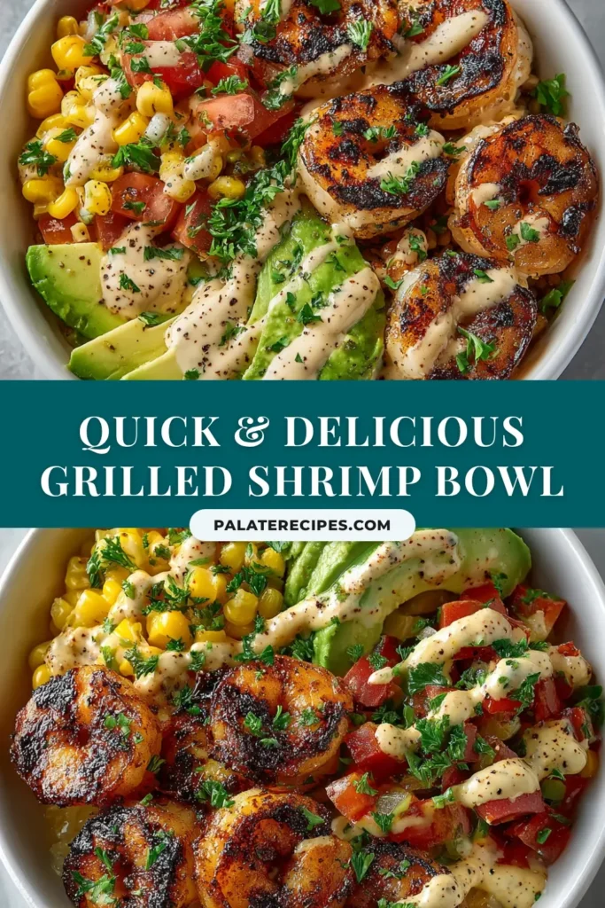 Grilled Shrimp Bowl: The Ultimate Healthy & Flavorful Meal 4 A vibrant and healthy Grilled Shrimp Bowl loaded with charred shrimp, quinoa, black beans, corn, and avocado, drizzled with a creamy cilantro-lime dressing.