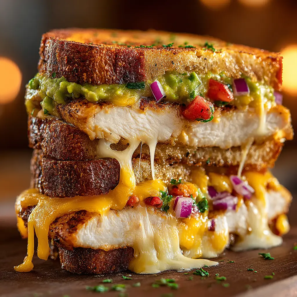 Two golden-brown chicken avocado melts grilling in a skillet until the cheese is perfectly melted.