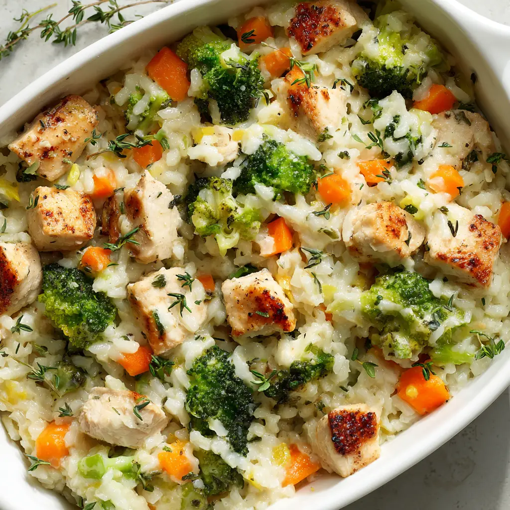 Healthy Chicken and Rice Casserole (Easy & Creamy!) 3 An overhead close-up shot of the healthy chicken and rice bake, showing the creamy texture of the rice and tender pieces of chicken.