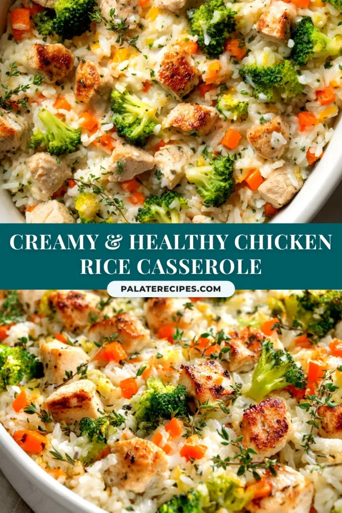 Healthy Chicken and Rice Casserole (Easy & Creamy!) 4 A delicious and healthy chicken and rice casserole in a white baking dish, topped with melted cheese and fresh parsley. A perfect, easy weeknight dinner idea.