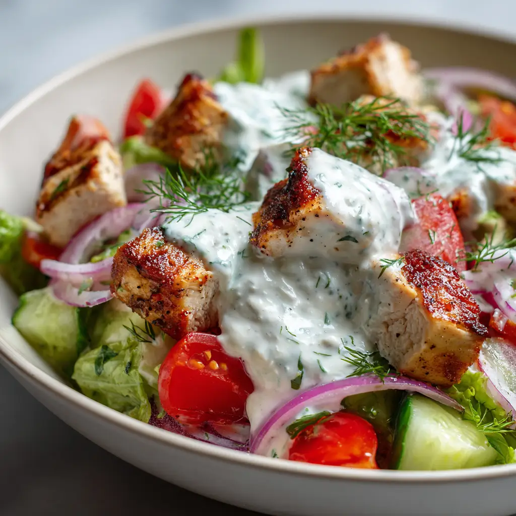 Tzatziki Chicken Salad: A Creamy, Refreshing Recipe 2 A spoonful of healthy Greek chicken salad, illustrating the fresh ingredients like red onion, celery, and herbs mixed with tender chicken.