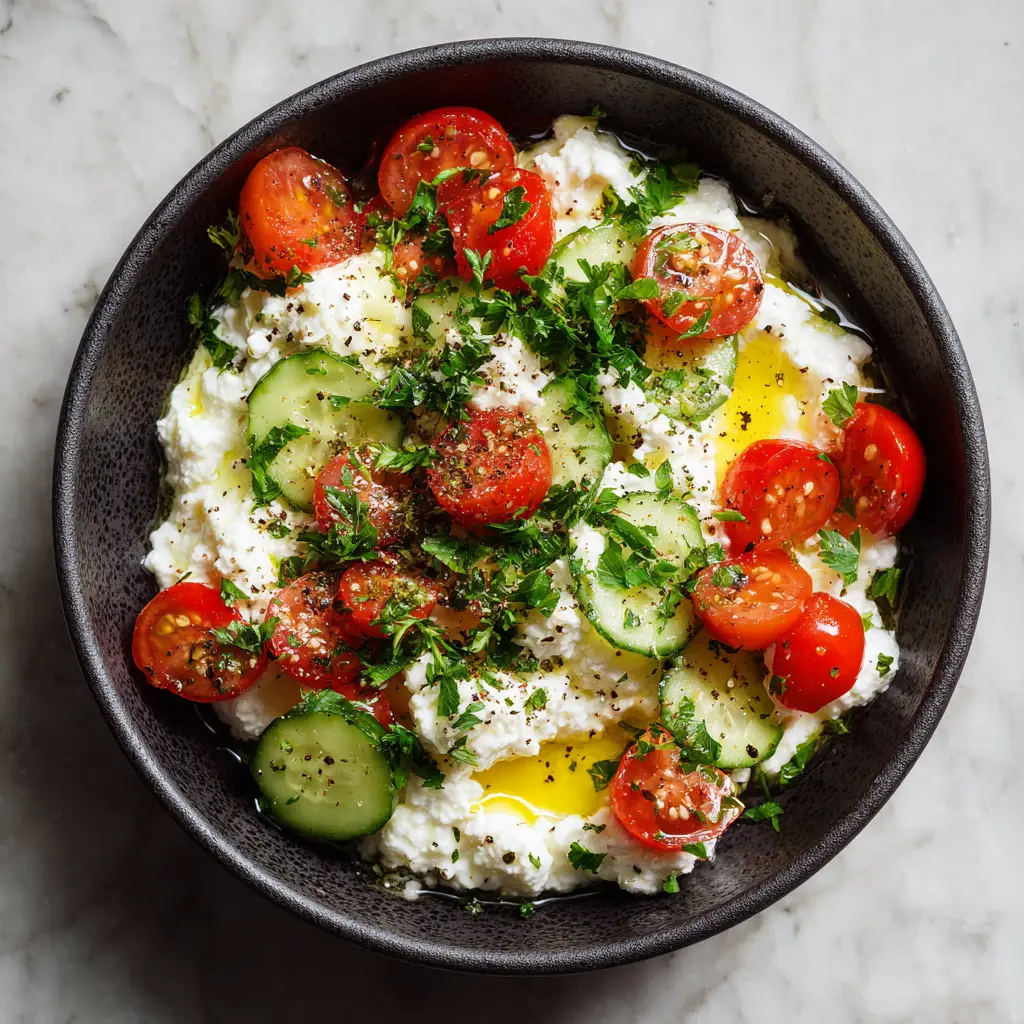A beautiful bowl of high-protein Tomato Cucumber Cottage Cheese salad, demonstrating a quick vegetarian meal.