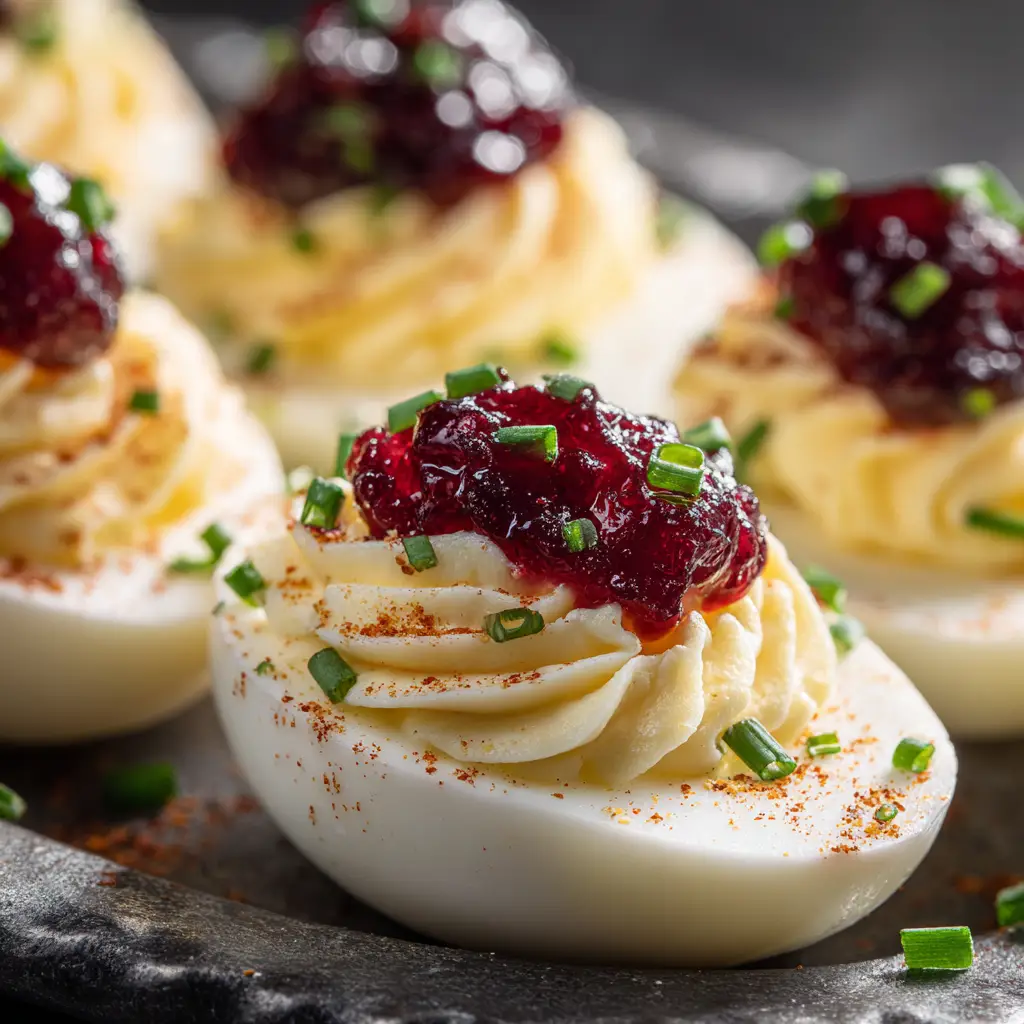 A serving platter with several holiday deviled eggs garnished with pepper jelly and fresh rosemary, ready to be served.