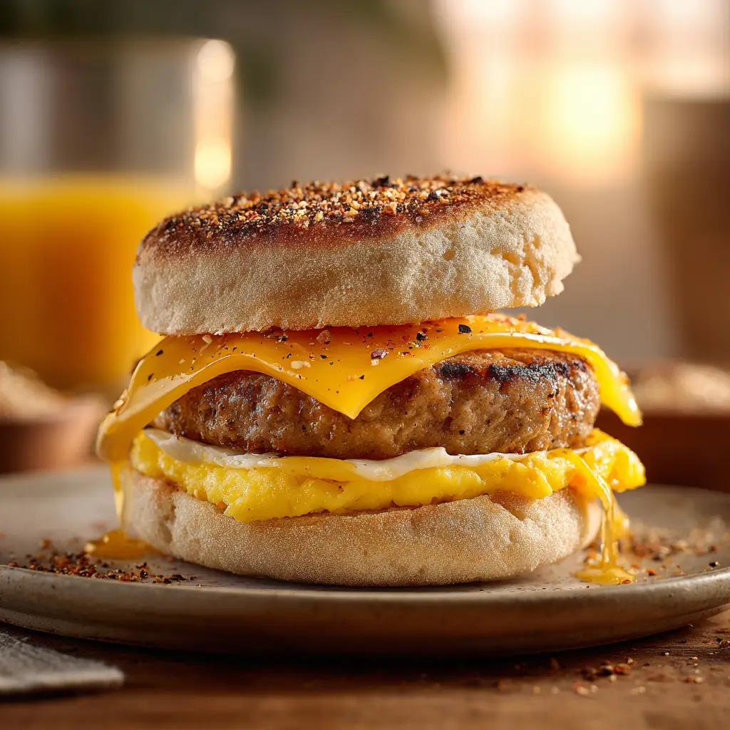English Muffin Breakfast Sandwich: Your New Morning Favorite 3 A close-up macro shot of a homemade breakfast sandwich, highlighting the texture of the toasted English muffin and the melted cheese oozing over the side.