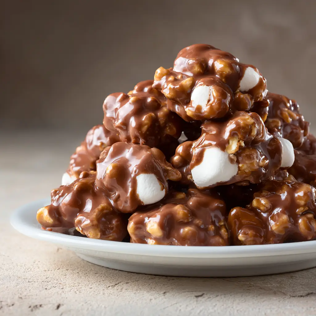 A pile of homemade slow cooker peanut clusters with marshmallows, ready to be served as an easy dessert.