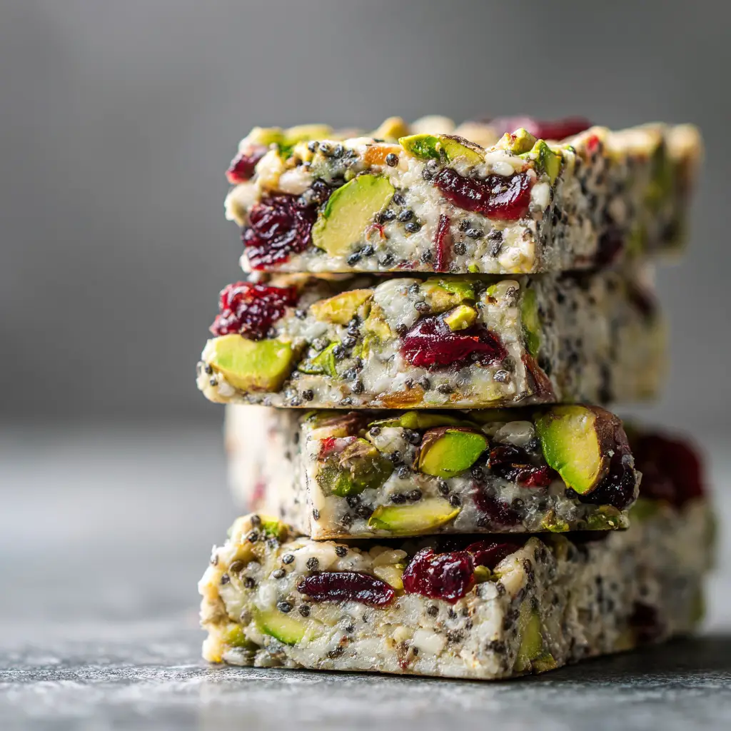 Pistachio Cranberry Chia Bars: Easy, No-Bake & Healthy 3 A top-down view of pistachio cranberry chia bars neatly arranged on a cooling rack after being cut. The vibrant green of the pistachios and red of the cranberries stands out.