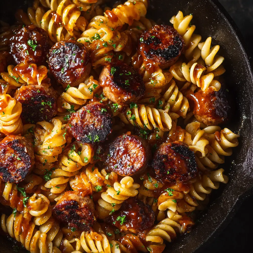Spicy Honey BBQ Sausage Pasta: The Ultimate Weeknight Dinner 2 A close-up view of the honey BBQ sausage pasta, showing the rigatoni coated in the rich, delicious sauce.