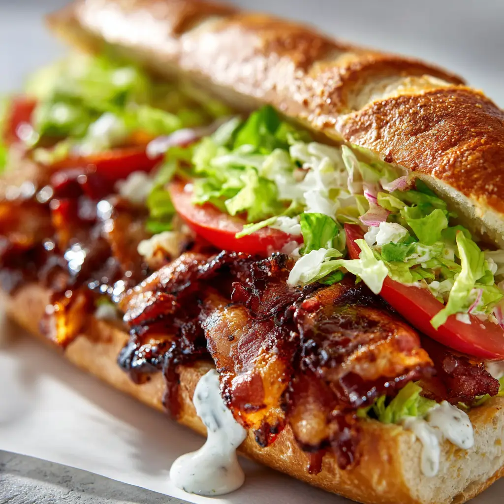 The final plated BBQ Bacon Ranch BLT, sliced in half and ready to eat, served on a rustic wooden board.