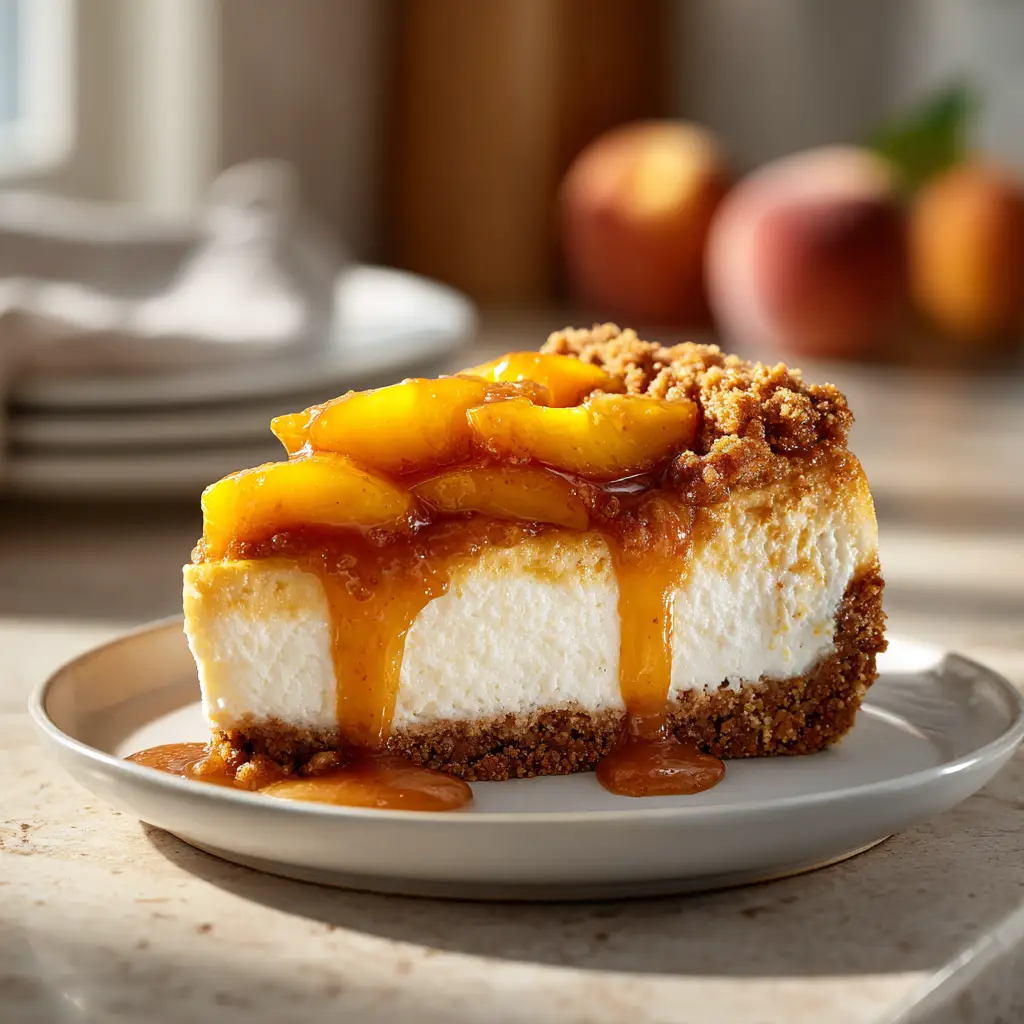 The process of layering the spiced peach cobbler topping over the smooth cheesecake batter in a springform pan.