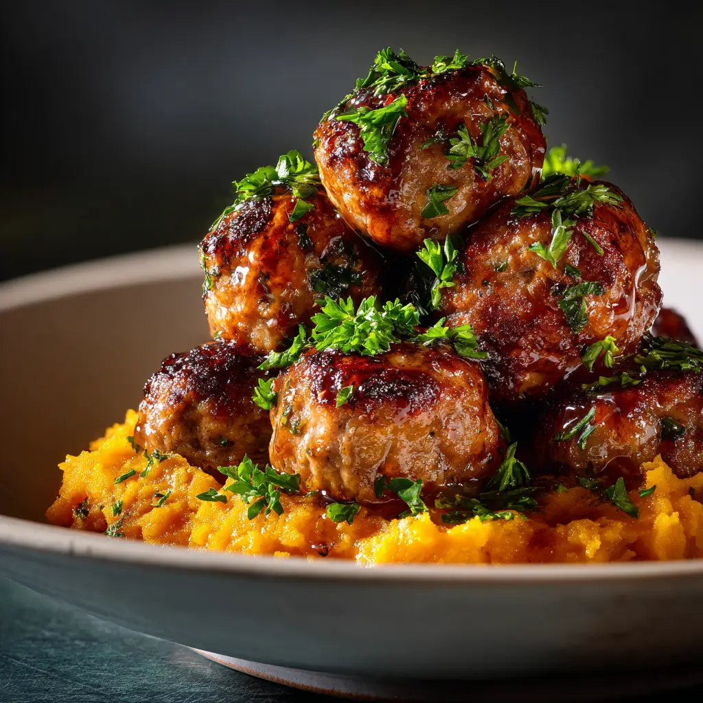 The process of making pork meatballs and sweet potatoes on a sheet pan before baking. Uncooked meatballs are lined up next to cubed sweet potatoes.