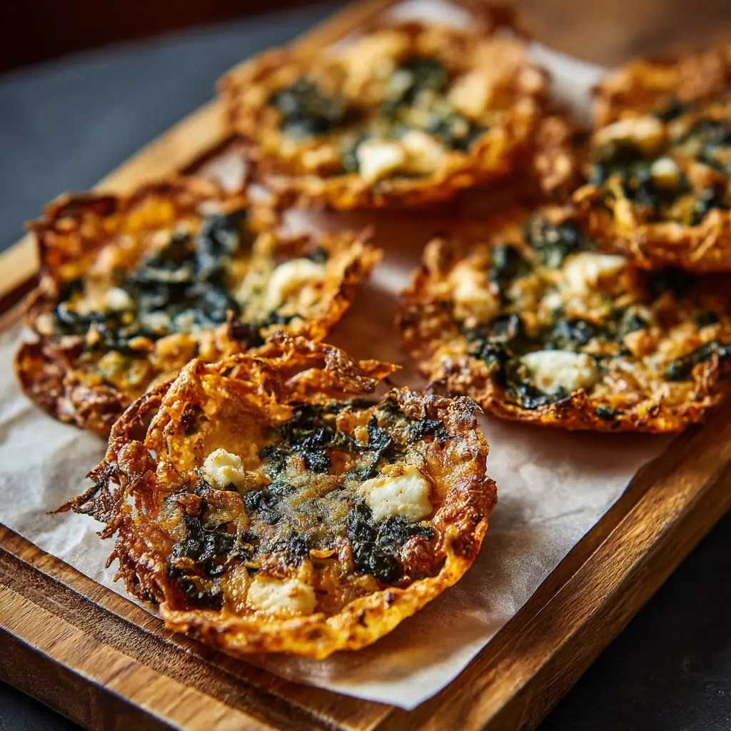 The process of making spinach feta crisps, showing the savory spinach and feta filling being placed onto squares of phyllo dough before baking.