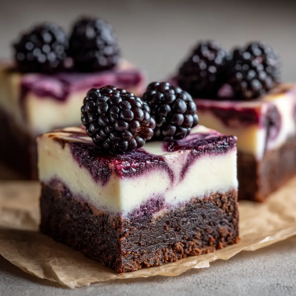 Blackberry Cheesecake Brownies: The Ultimate Fudgy & Creamy Treat 2 The process of swirling blackberry sauce and brownie batter into the cheesecake layer in a baking pan before it goes into the oven.