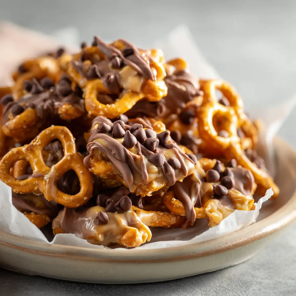 A bowl of melted chocolate and peanut butter next to a bowl of pretzel pieces, showing the ingredients for the easy no-bake recipe.