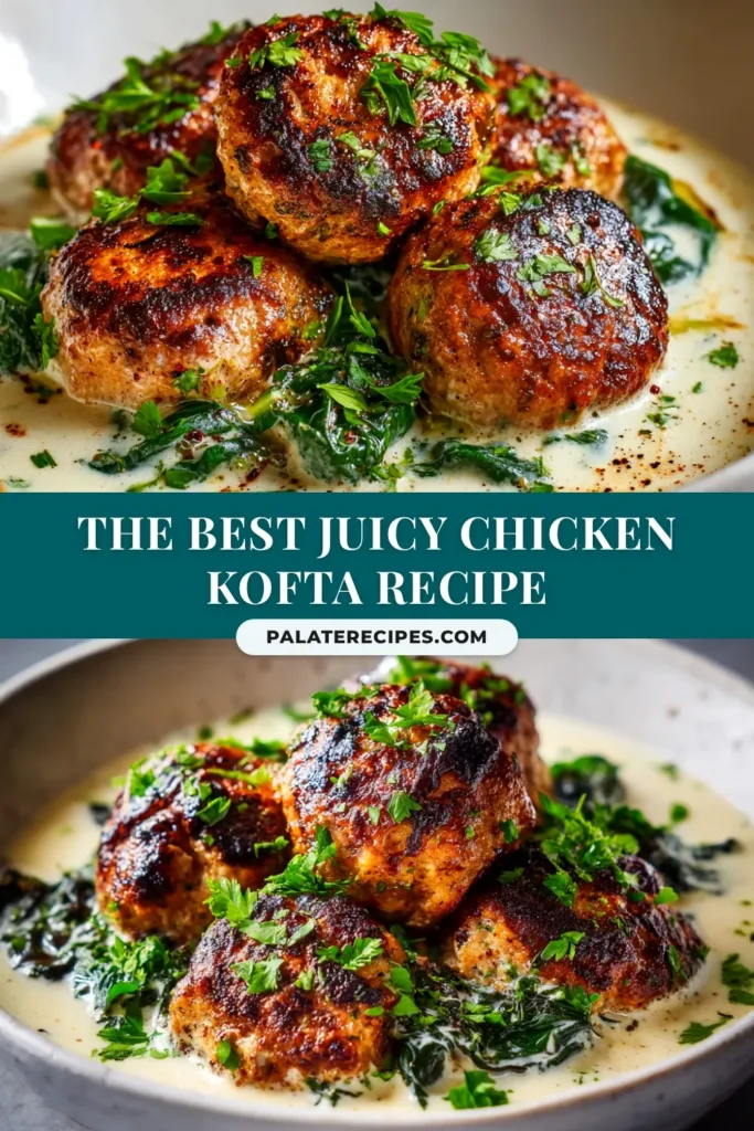 A close-up overhead shot of juicy chicken kofta skewers served on a platter with a side of yogurt dipping sauce and fresh parsley. The perfect chicken kofta recipe for a flavorful meal.