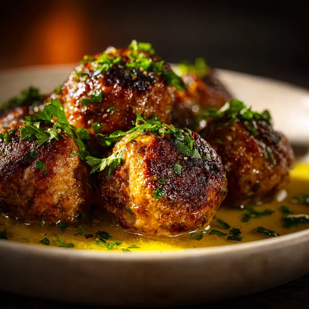 A serving of keto garlic butter meatballs on a plate, ready to eat, showcasing the perfect low-carb dinner idea.
